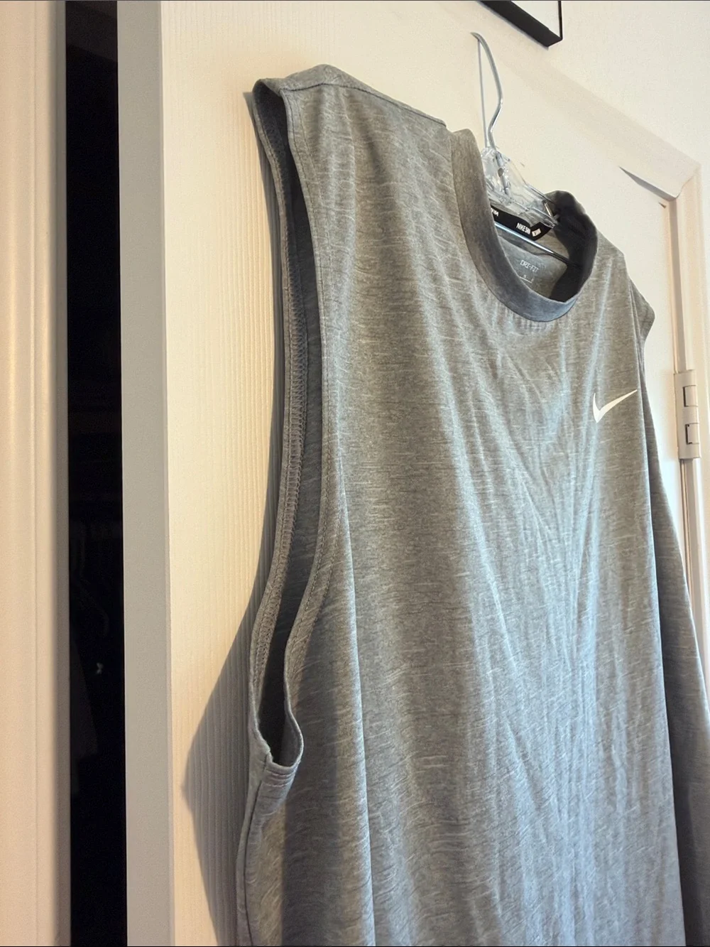 Nike Men’s Gray Sleeveless Dri-Fit Swim Tee with White Swoosh